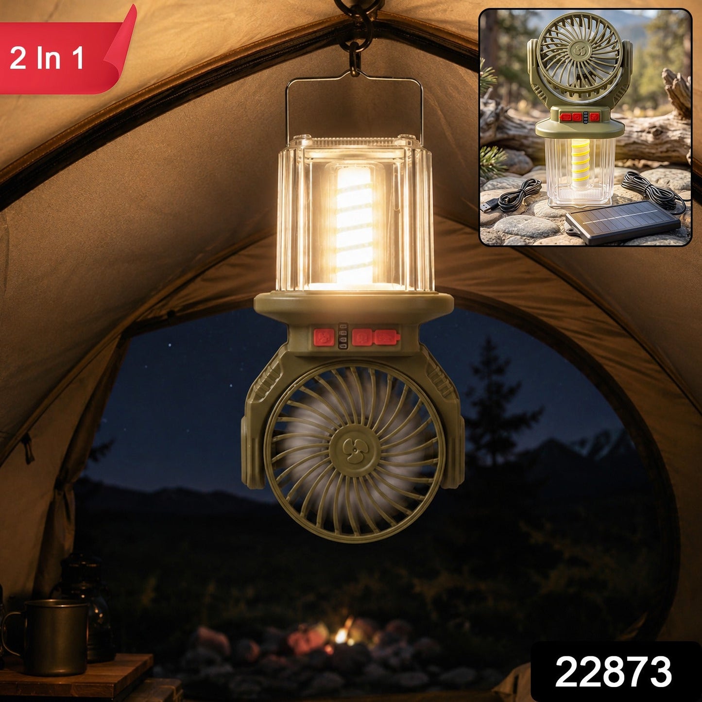 2 In 1 Solar Rechargeable Camping Fan with LED Lantern