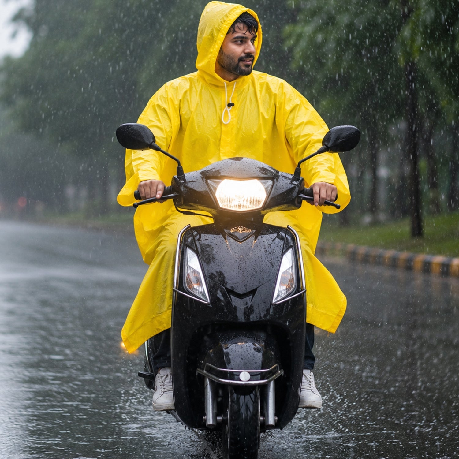 Person wearing a yellow reusable waterproof raincoat while walking outdoors.