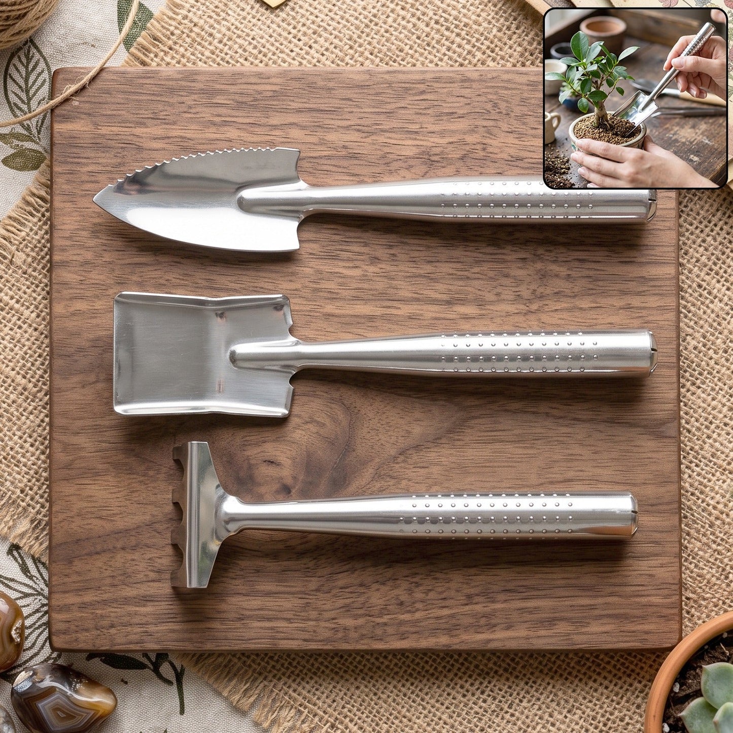 Stainless steel 3 in 1 garden hand tool set with spade, rake and fork (3 pc set)