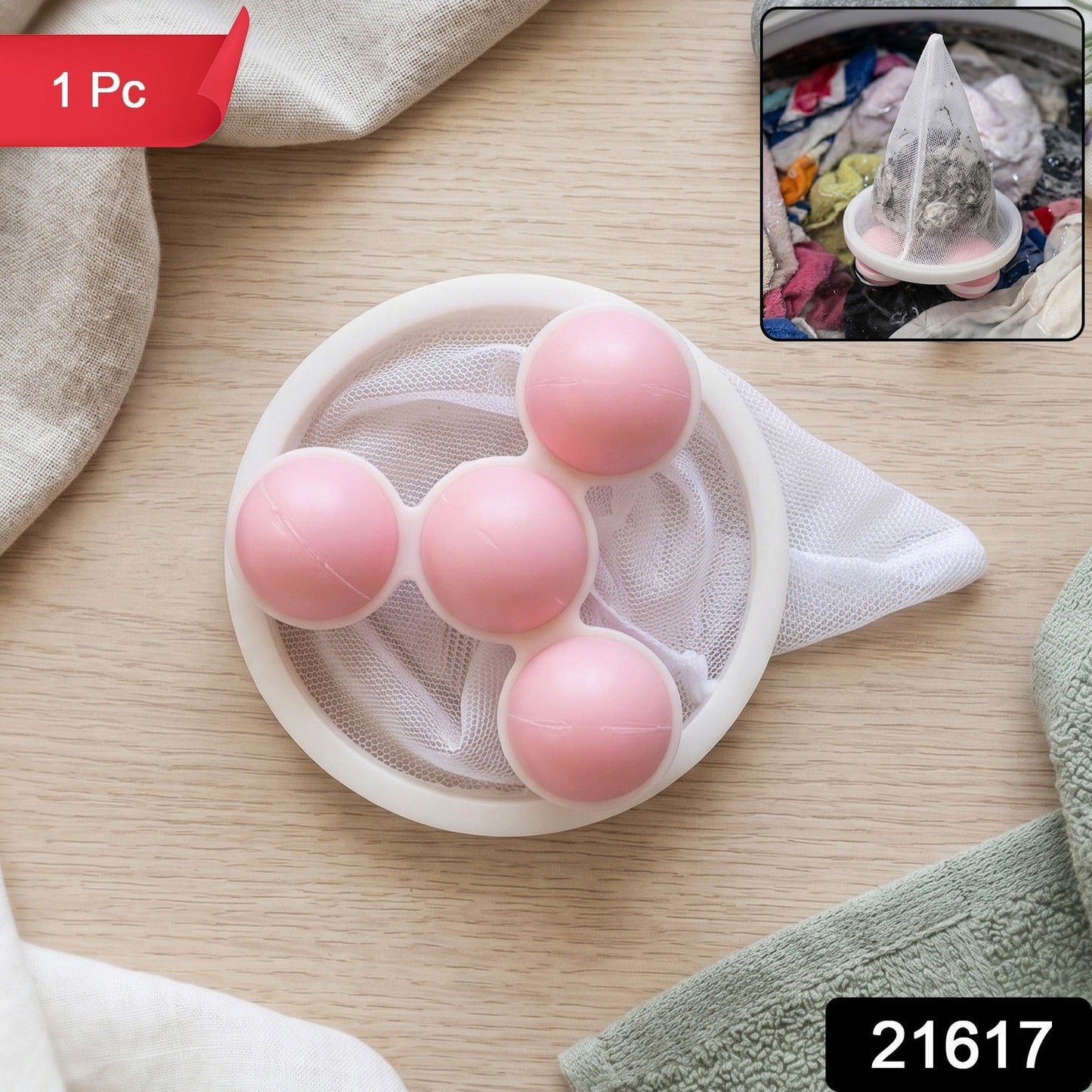 White and pink floating mesh filter ball for washing machine lint removal