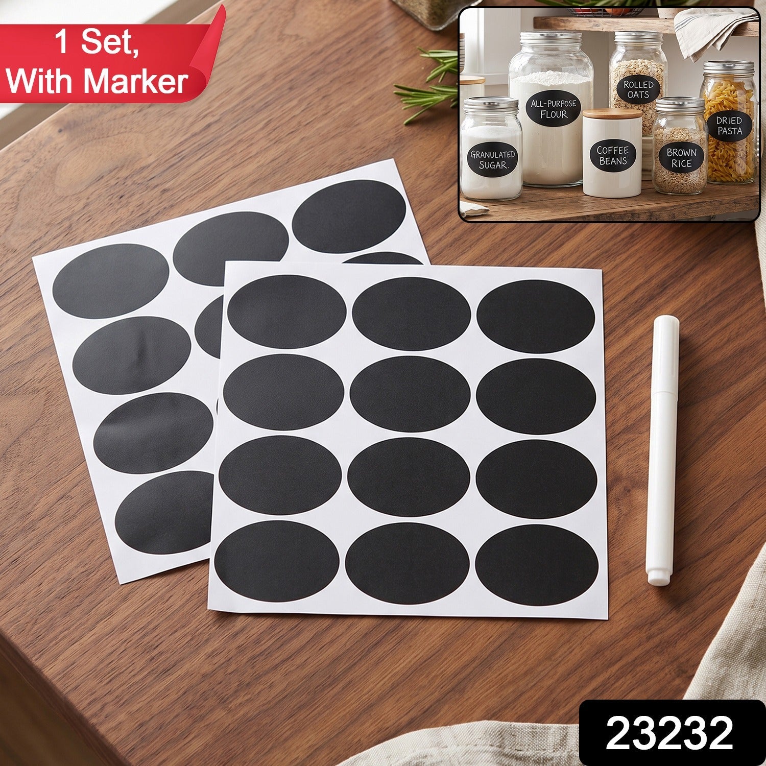 Reusable oval chalkboard labels with white pen for jars and bottles