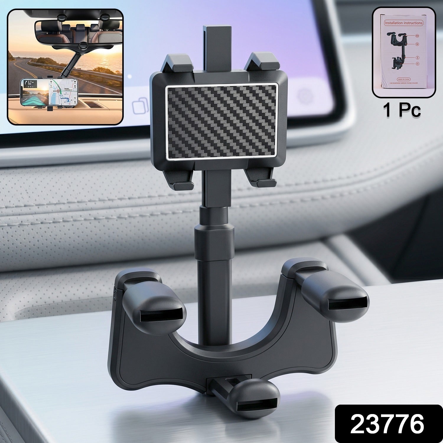 360 degree rotating car rear view mirror mobile phone holder with adjustable clamp