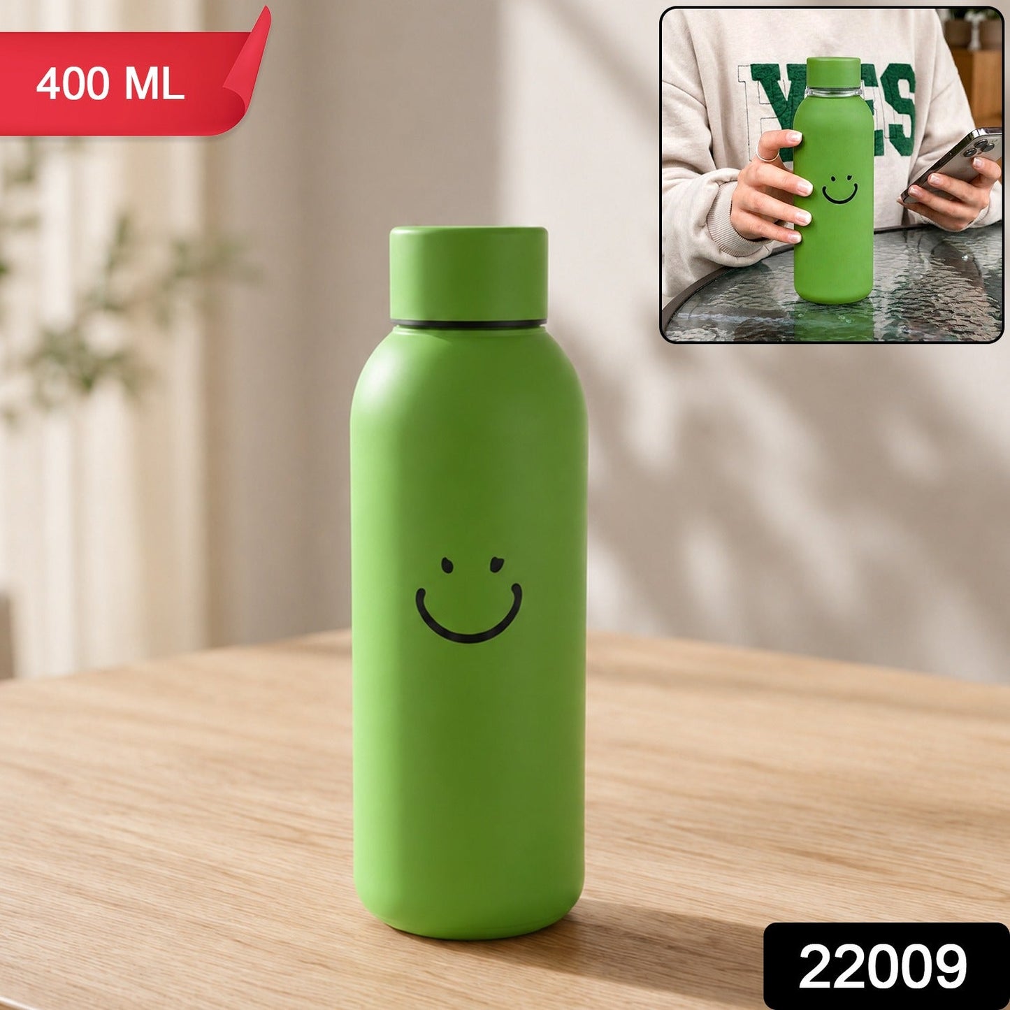 400 ML Smiley Face Glass Travel Water Bottle with Sleeve