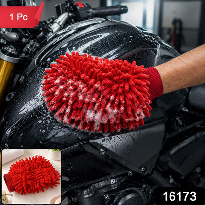 A red microfiber chenille wash glove with suds on a black motorcycle tank, with a smaller inset image of the glove. (1 Pc)