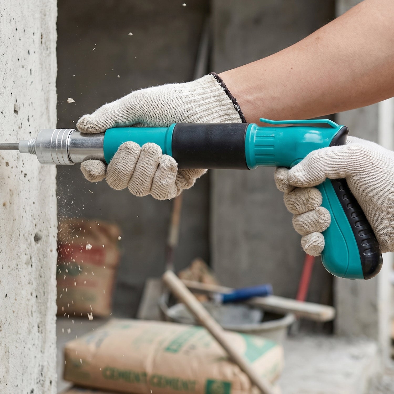 Manual nail gun tool pressing a nail into a wall