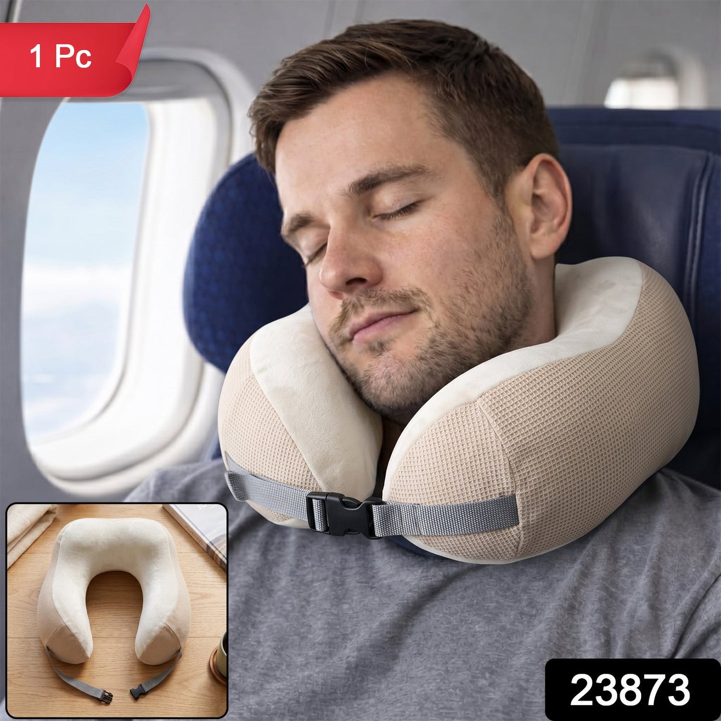Beige memory foam neck pillow with buckle strap for a secure fit