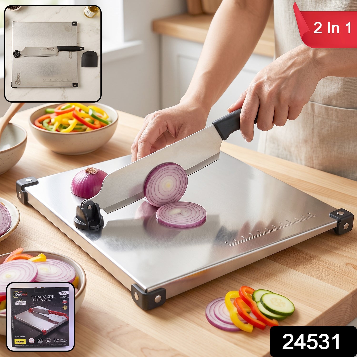 Stainless Steel 2 in 1 Cut and Chop Board with Knife and Sharpener (1 Set) view 2