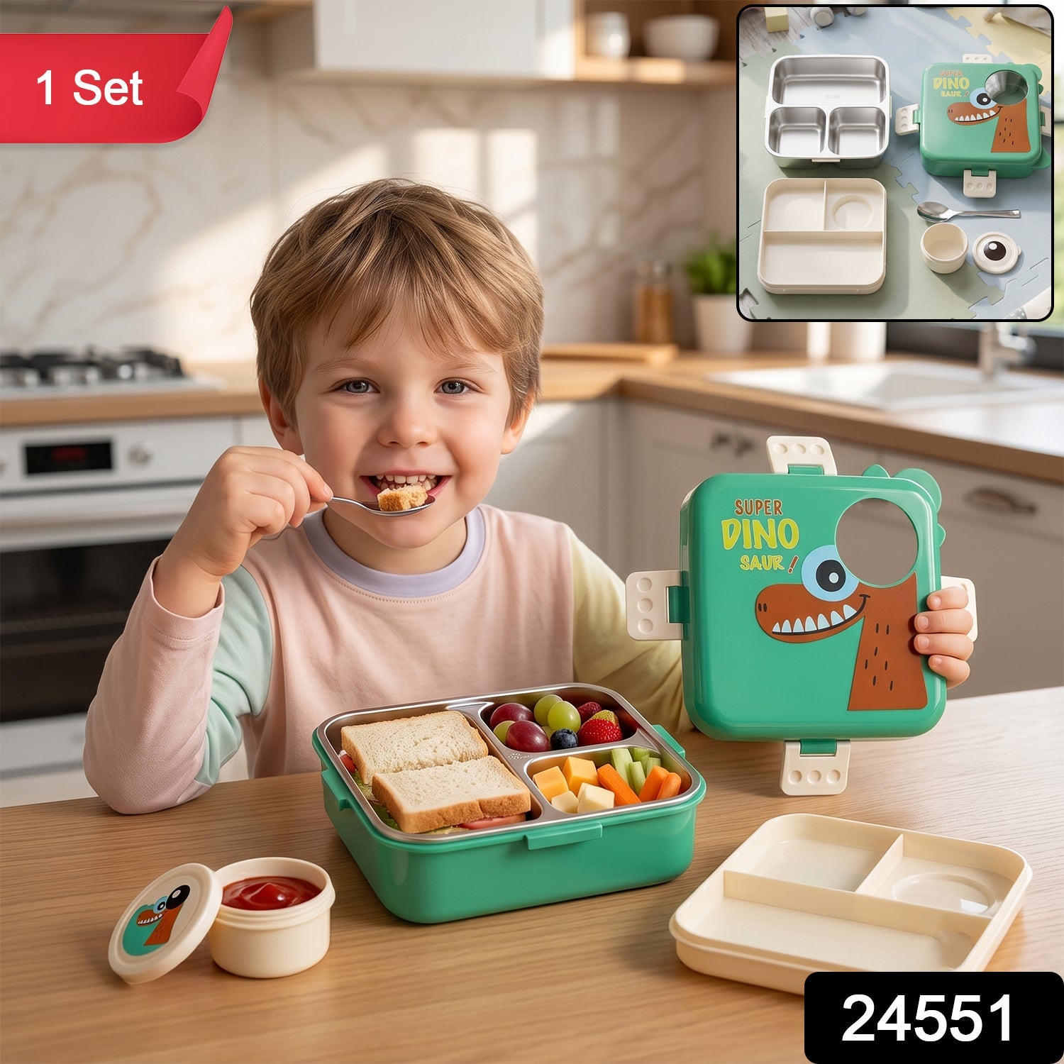 Dinosaur themed kids lunch box with stainless steel tray