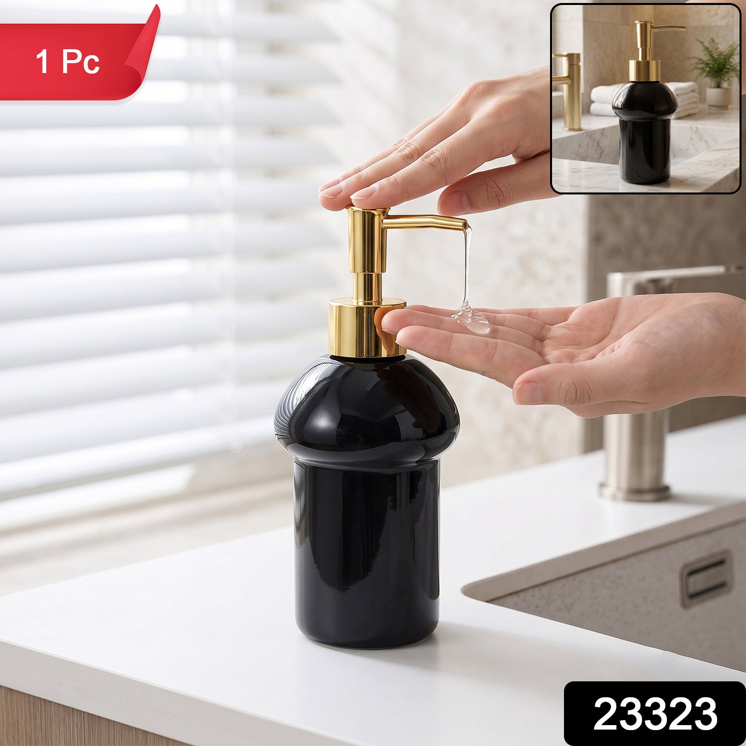 Refillable black glass soap dispenser with gold pump for bathroom