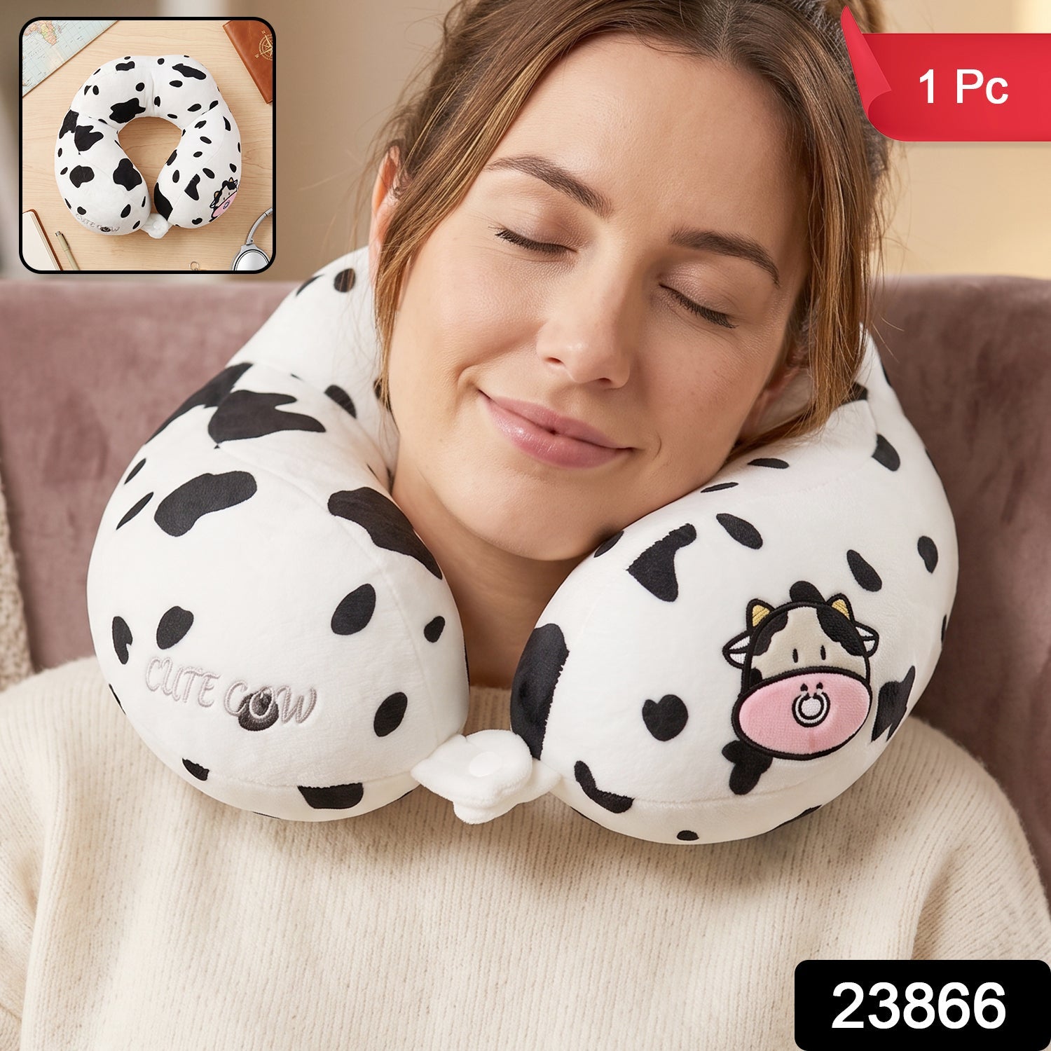 Cow print plush neck pillow for travel comfort and support