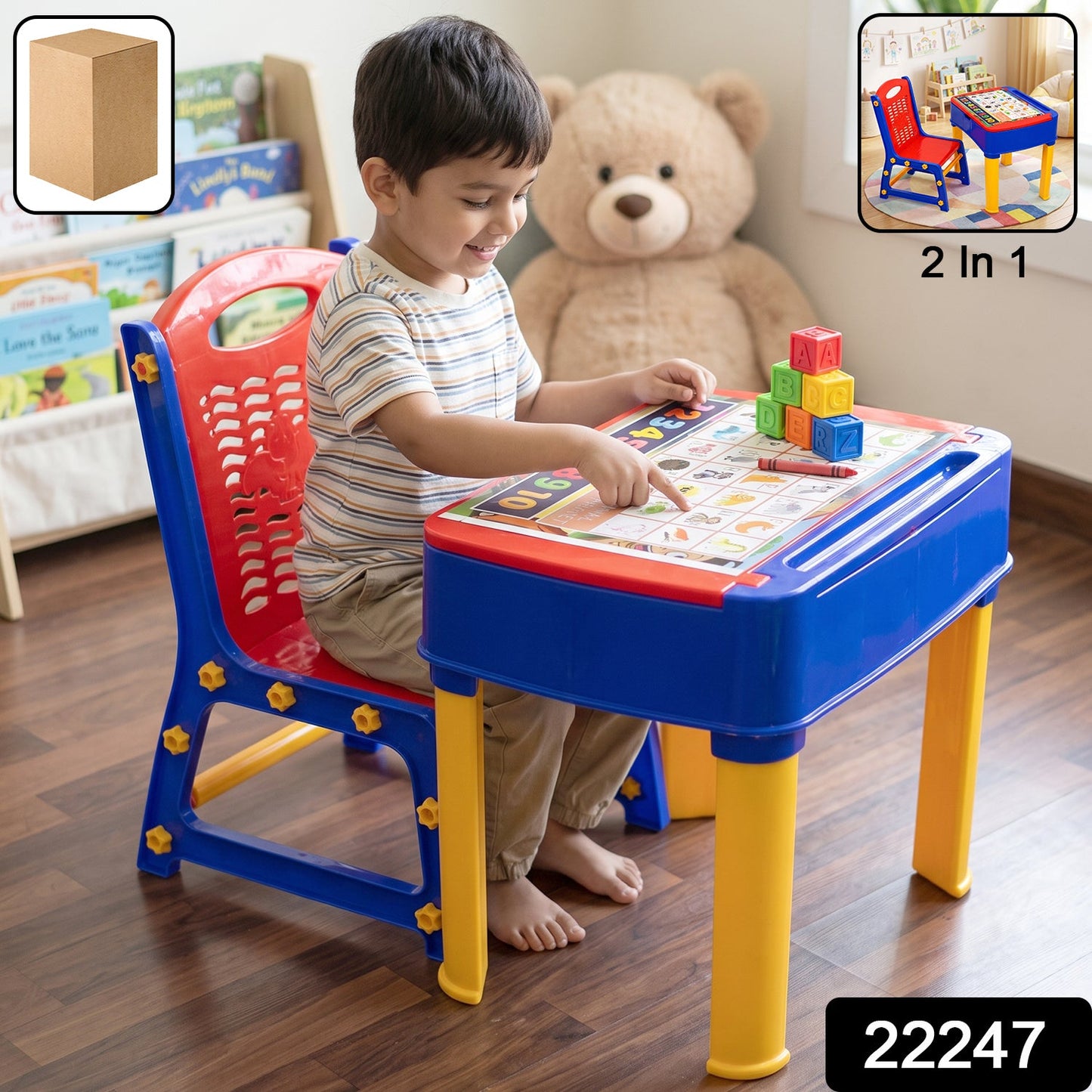 Children's study table and chair set with built in learning board