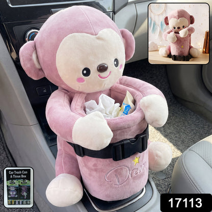 Plush monkey car dustbin and tissue holder for interior organizing
