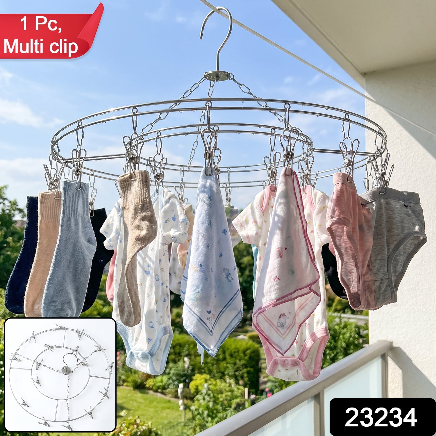 Round hanger with multiple stainless steel clips for drying small clothes