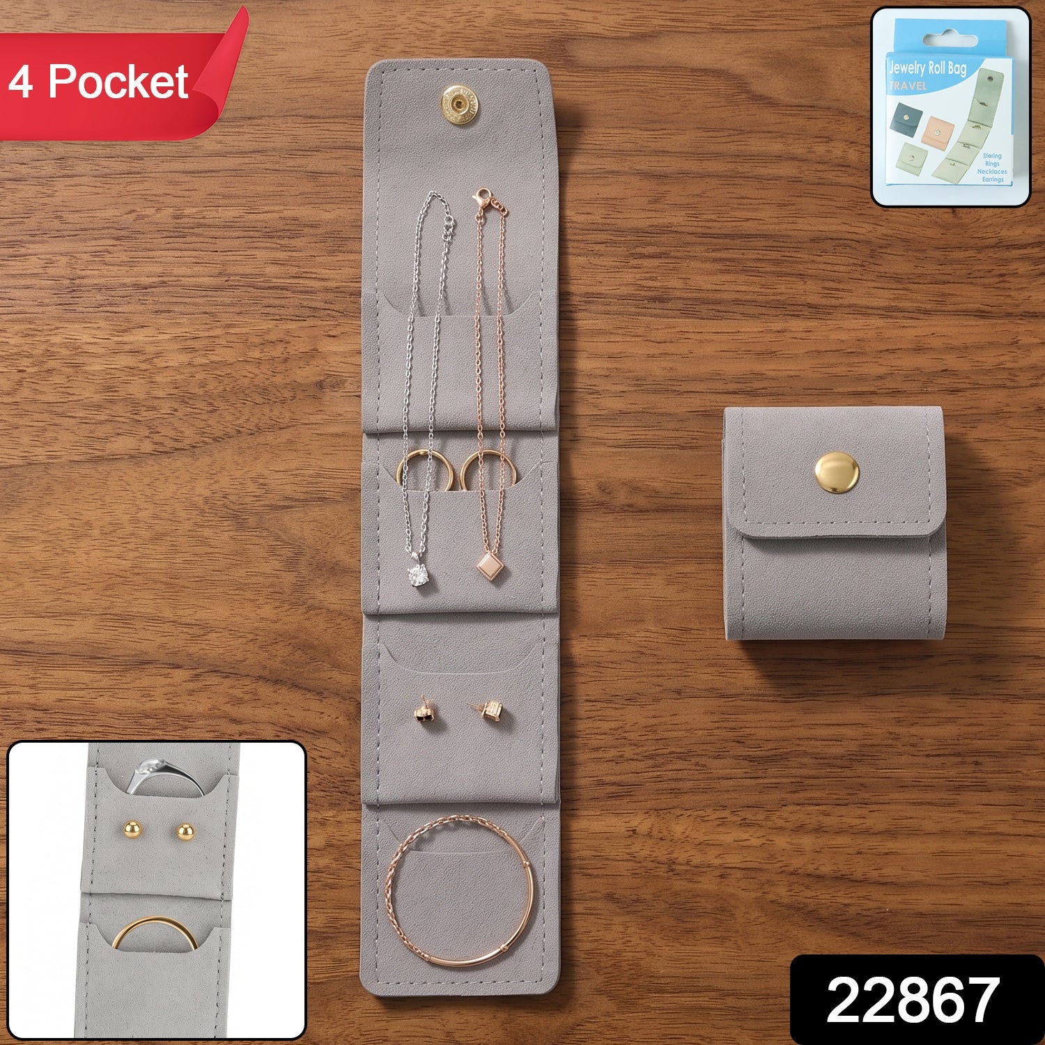 Foldable jewellery roll pouch with pockets for travel storage