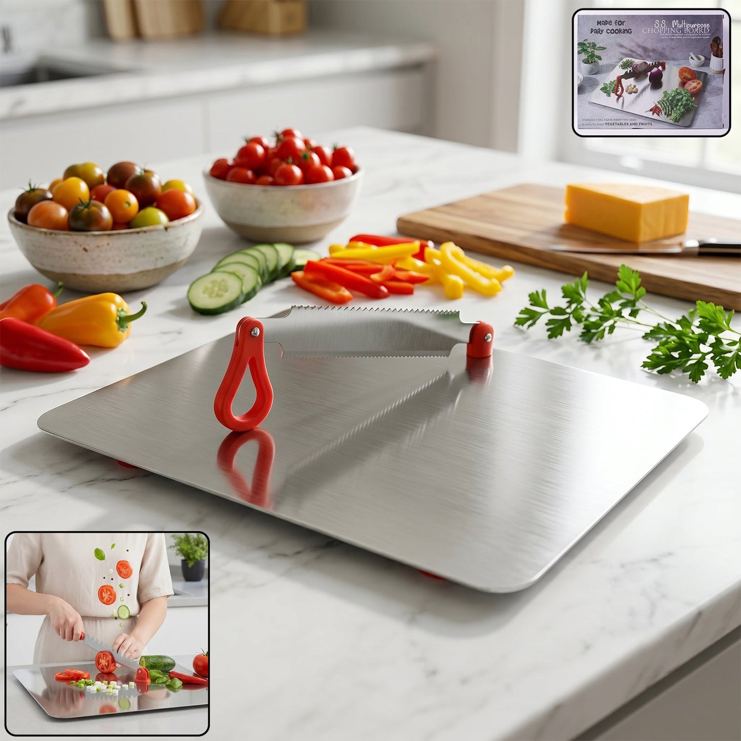 Steel multipurpose chopping board with knife