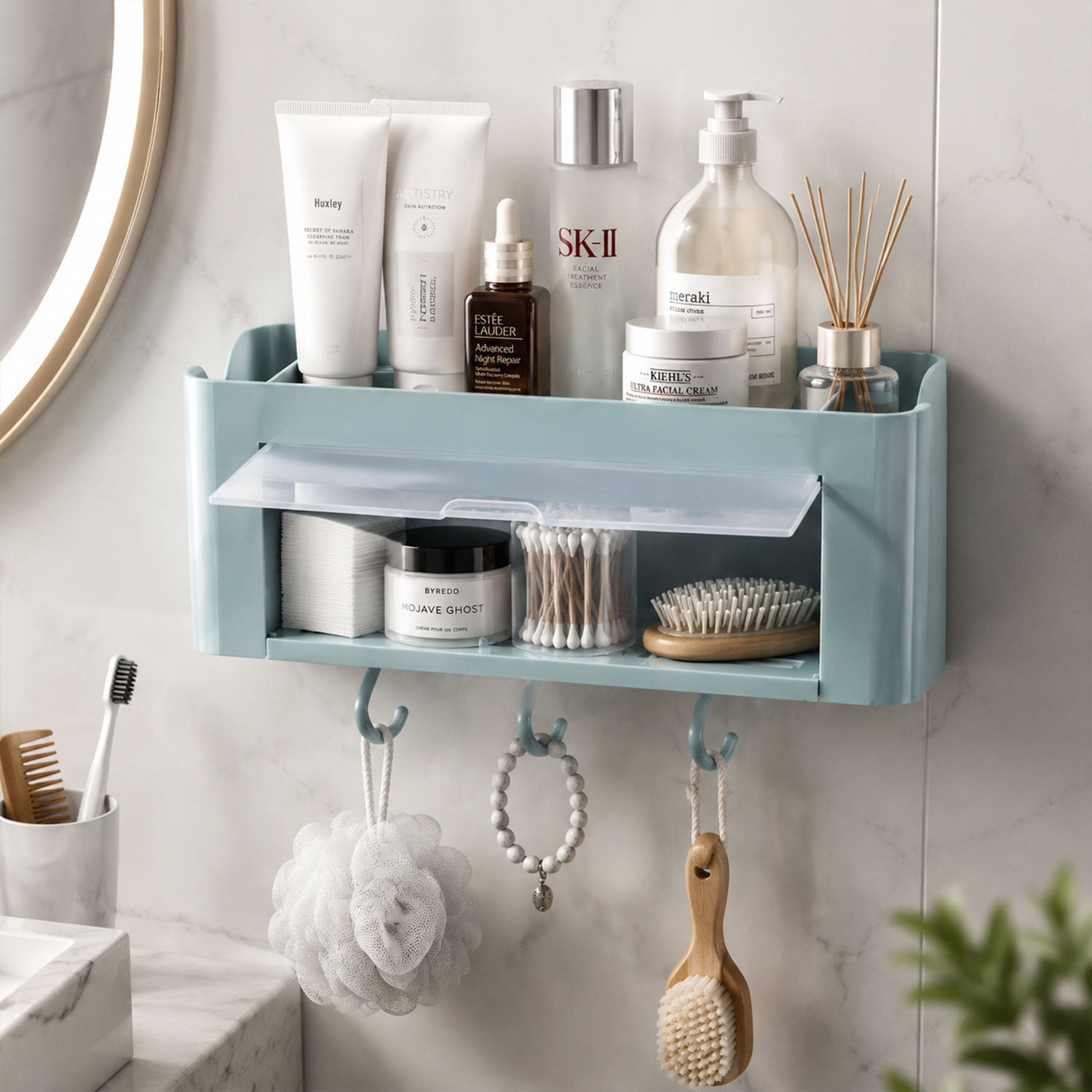Practical bathroom kitchen wall shelf with hooks and dustproof cover