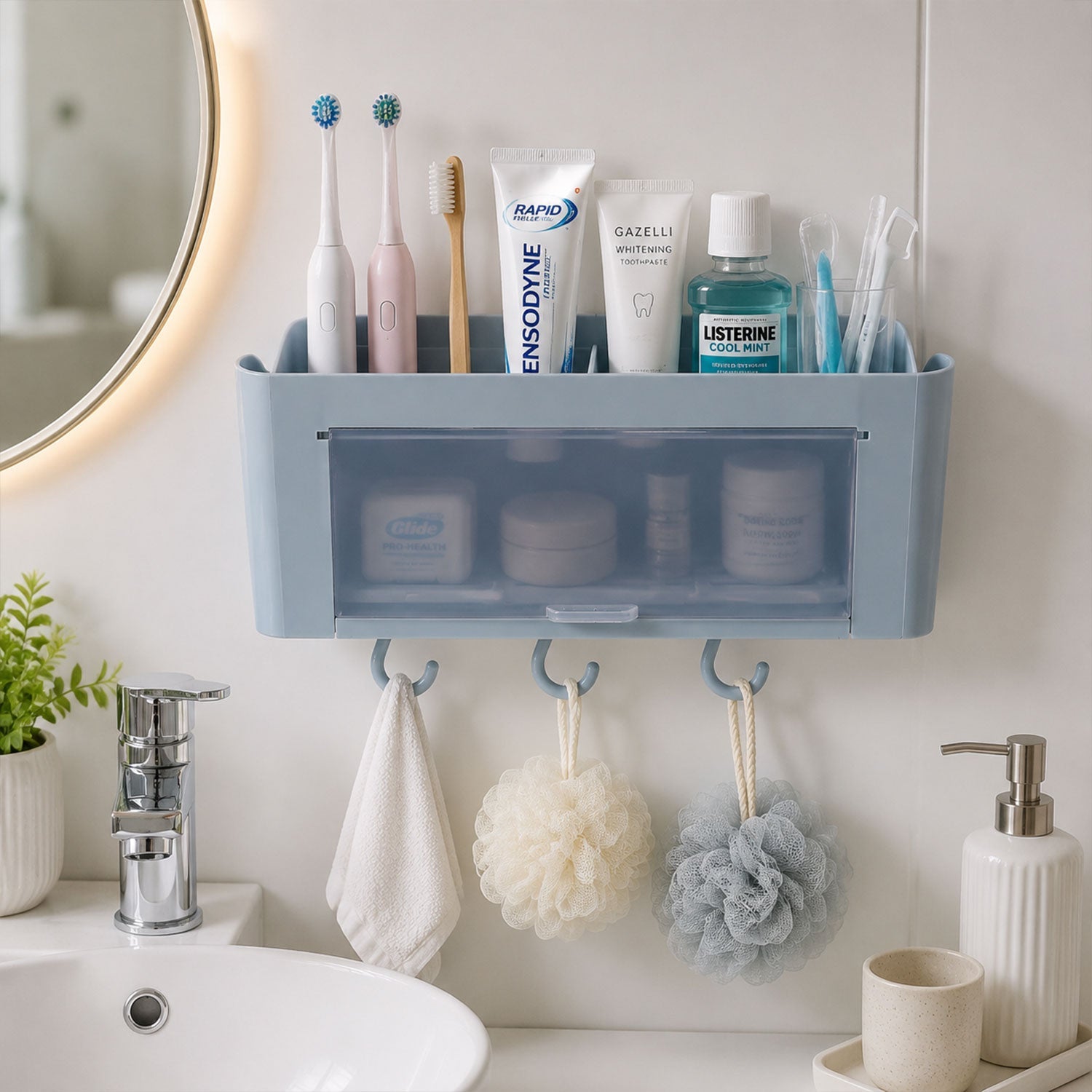 Detailed view of sturdy hooks on the wall mounted storage organizer shelf
