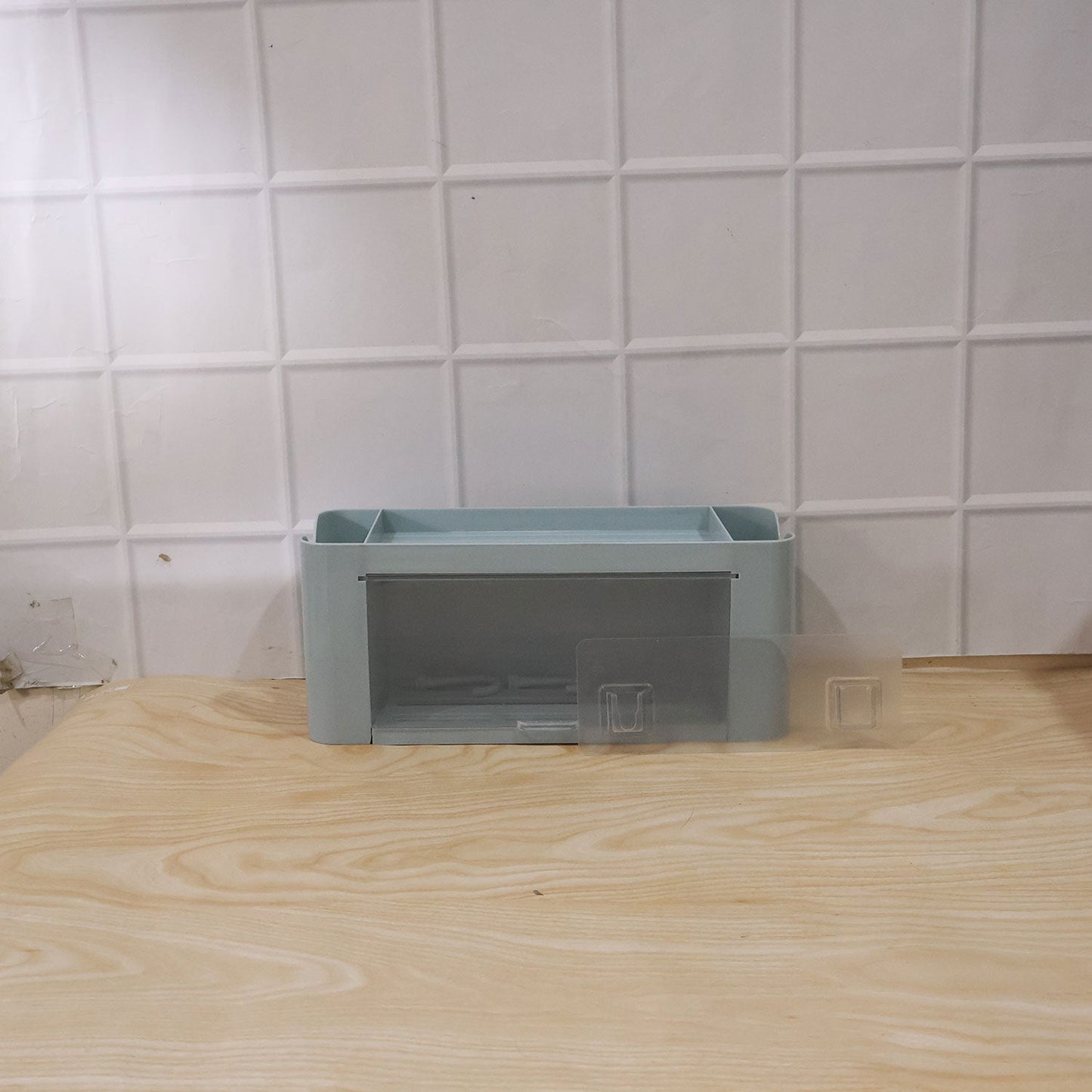 Wall mounted storage organizer shelf holding daily essentials