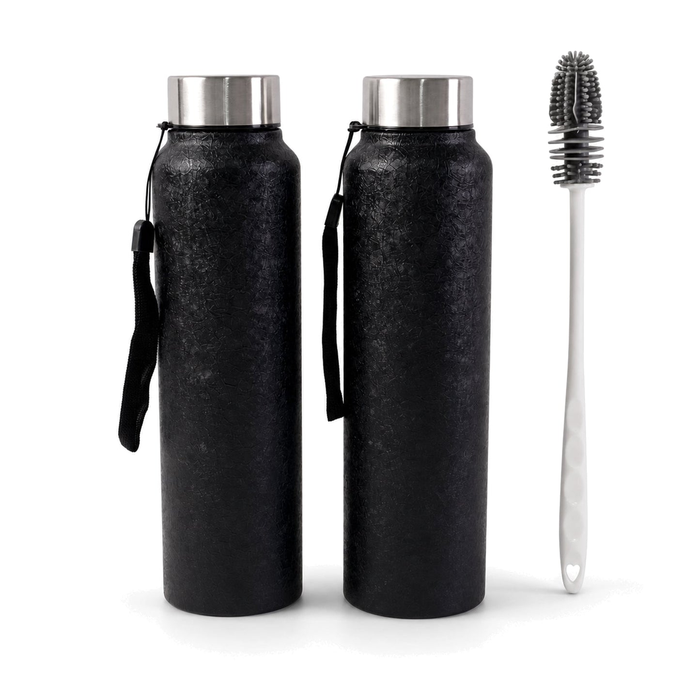 Stainless steel water bottle set on white background